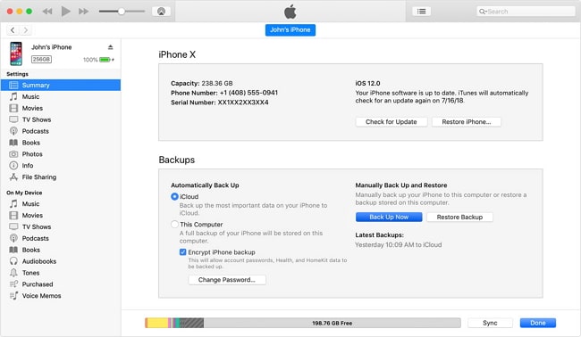 backup iPhone text messages via iTunes