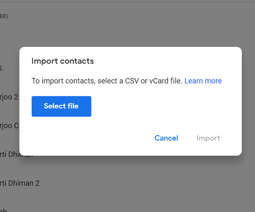 select csv file to import