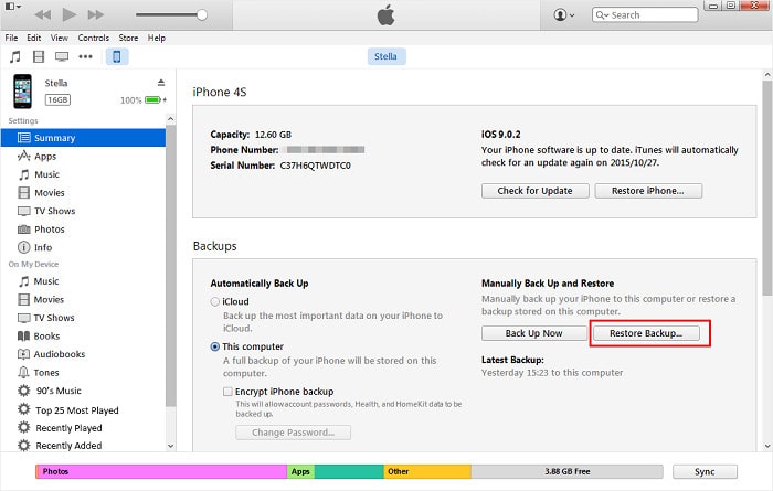 recover iPhone data using iTunes