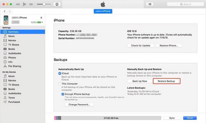 restore backup to iPhone 12
