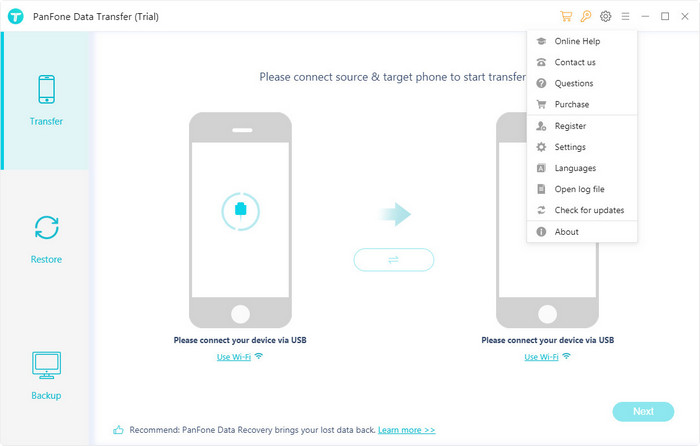 register panfone data transfer windows