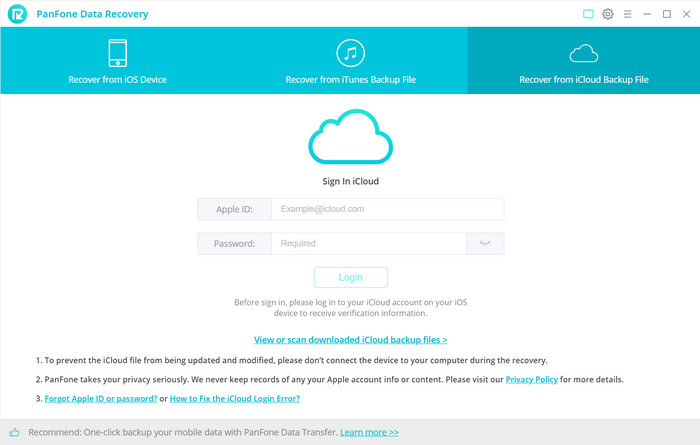 sign in to recover from iCloud backup file