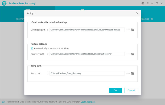 PanFone iOS Data Recovery Settings