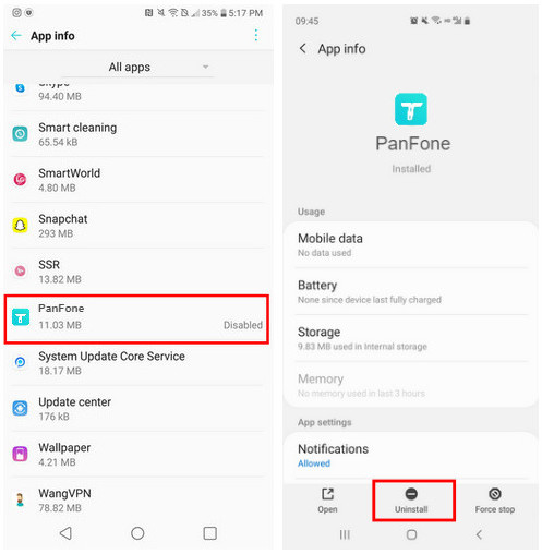 uninstall PanFone app for Android